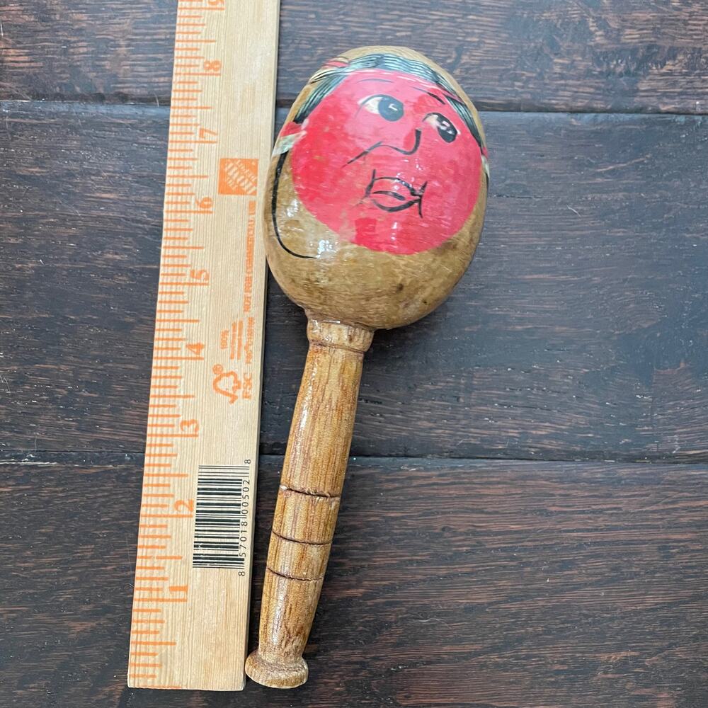 Wooden Maraca Venezuela Hand Painted Shaker Instrument Single Music Vtg Folk Art